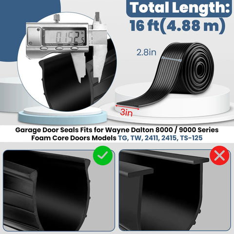 Vinyl garage door bottom seal, 16 ft roll, 3 in wide, for Wayne Dalton 8000/9000 series overhead doors.