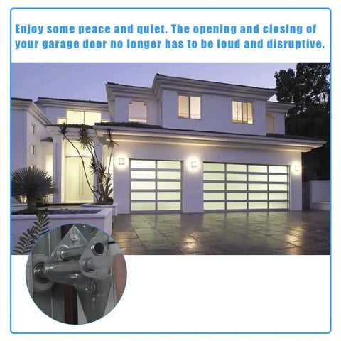 Front view of a garage with quiet door operation, 80mm Garage Door Hinge Quiet Roller Sleeves Cushions Between Roller And Hinge To Eliminate Rattle for Most Garage Doors High Quality Plastic 20 Pieces Compatible with Quiet Rollers and Standard Rollers Hardware Tools.