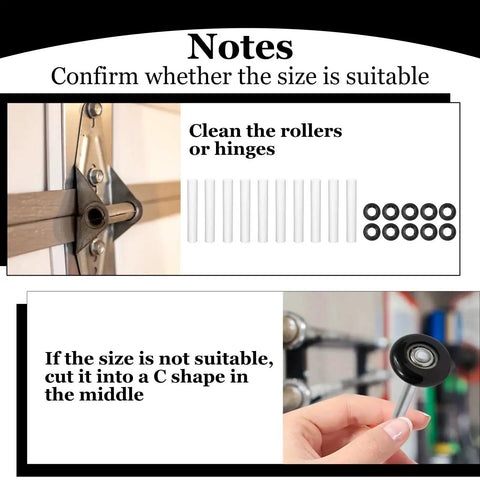 Image showing installation instructions for 10 Sets Garage Door Hinge Quiet Roller Sleeves Kit With Shafts Nuts And Gaskets, 11mm ID.