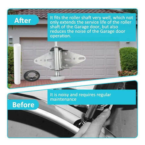 80mm Garage Door Hinge Quiet Roller Sleeves Kit With Roller And Shaft Gaskets shown in before and after installation comparison