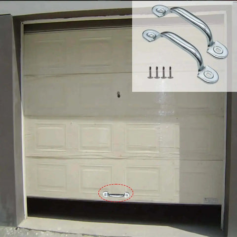 Garage door with Built Tough Heavy Duty Garage Door Bottom Lift Handle Replacement 2 Pack, Solid Steel with Galvanized Finish installed.