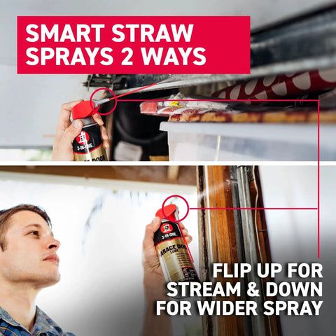 Man using Garage Door Lubricant With Adjustable Spray For Wide Or Narrow Application 11 Oz Quick Drying Non Sticky Formula