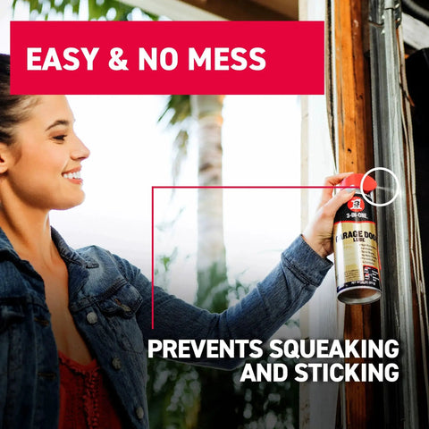 Person using Garage Door Lubricant With Adjustable Spray For Wide Or Narrow Application 11 Oz on door hinges