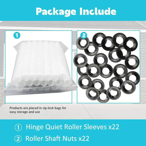 80mm Garage Door Hinge Quiet Roller Sleeves Kit package showing 22 sleeves and 22 nuts for noise reduction and smooth rolling.
