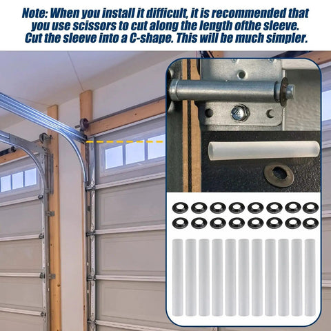 22 Piece Quiet Roller Sleeve Kit For Garage Door Hinges With Nuts And Gaskets, installation guide and product pieces displayed