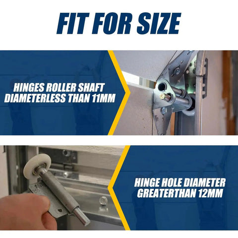 22 Piece Quiet Roller Sleeve Kit For Garage Door Hinges, installation showing hinge with roller shaft and hole dimensions