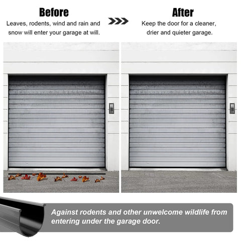 Garage door bottom weather seal for 16 ft doors; rubber weather stripping; before and after with cross-section diagram
