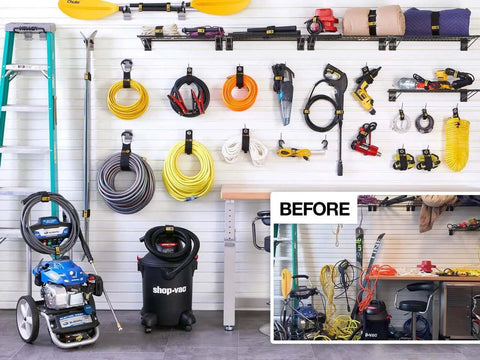 Heavy Duty Wrap It Storage Straps 10 Inch 6 Pack Blaze Orange organizing tools and cords in a garage