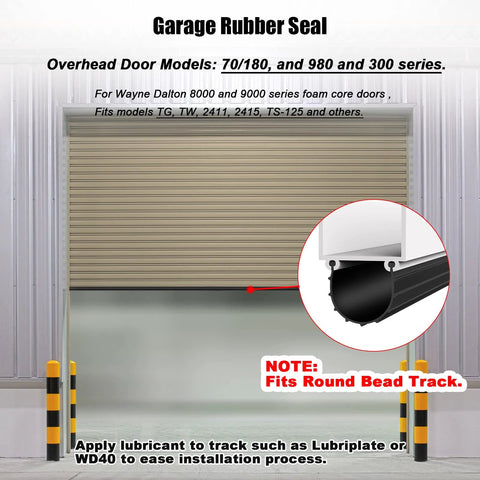 Black rubber garage door bottom weather seal, 16 ft, for Wayne Dalton doors; round bead track inset