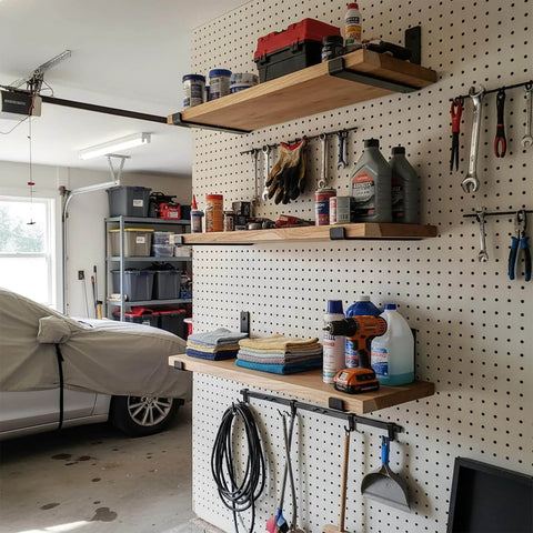 Garage wall with wood shelves supported by 12 inch Shelf Brackets 6-Pack, 1/5 inch Thick Heavy Duty Industrial Bracket for DIY Floating Shelf