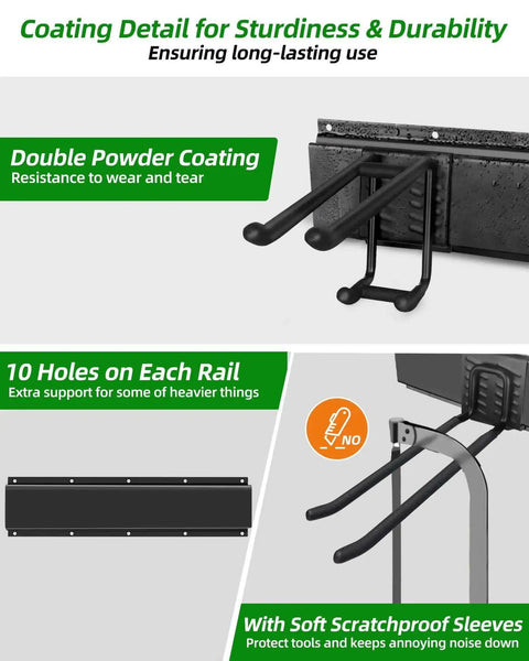 64 Inch Garage Wall Tool Organizer With Heavy Duty Rails And 10 Hooks, detail of double powder coating and soft scratchproof sleeves