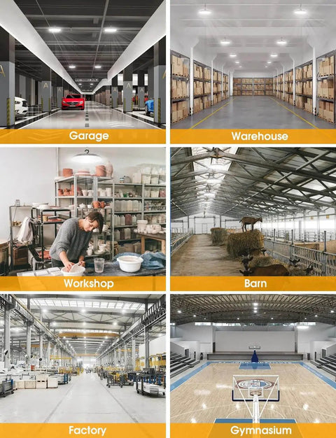 Six-image grid showing spaces: garage, warehouse, workshop, barn, factory, and gymnasium, illuminated by LED high bay lights.