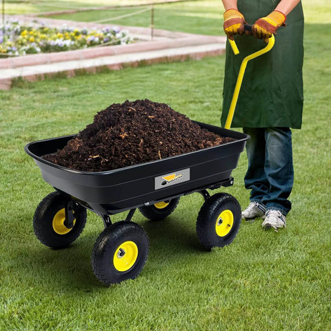 Heavy Duty Garden Dump Cart Utility Wagon with 600 LB Capacity 4 Cu Ft Bed shown hauling soil on grass