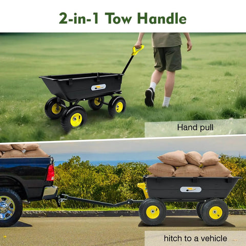 Heavy Duty Garden Dump Cart Utility Wagon with 900 LB Capacity 5 Cu Ft Bed 10 Inch Pneumatic Tires shown hand-pulled and hitched