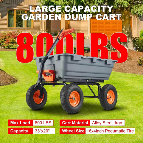 Heavy Duty Garden Dump Cart For Outdoors 800 Lb Capacity With Quick Release Dump And 10 Inch Flat Free All Terrain Wheels Utility Wagon For Soil Mulch Plants And Tools Grey on a lawn