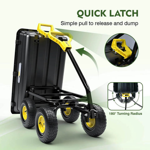 Heavy Duty Garden Dump Cart Utility Wagon with 900 LB Capacity 5 Cu Ft Bed, showing 180 Degree Pivot Steering and quick latch handle