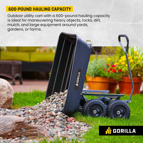 Poly Garden Dump Cart with 4 Cu Ft Tub 600 LB Haul Capacity Heavy Duty Utility Wagon with rocks dumping feature