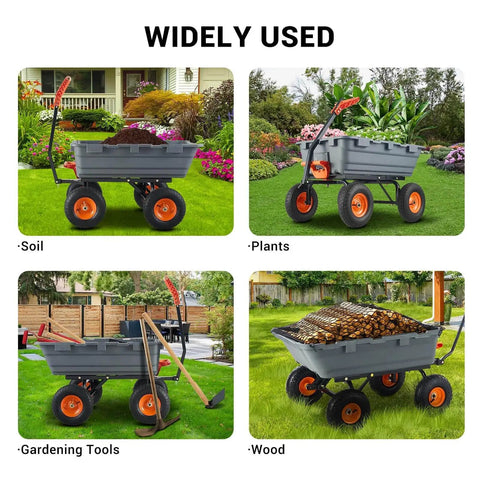 Heavy Duty Garden Dump Cart For Outdoors 800 Lb Capacity With Quick Release Dump And 10 Inch Flat Free All Terrain Wheels Utility Wagon For Soil Mulch Plants And Tools Grey in various garden settings