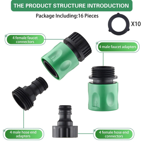 16 Piece Garden Hose Quick Connect Fittings Kit 3/4 Inch Plastic Hose Adapters With Male And Female Ends Plus 10 Rubber Washers In Green