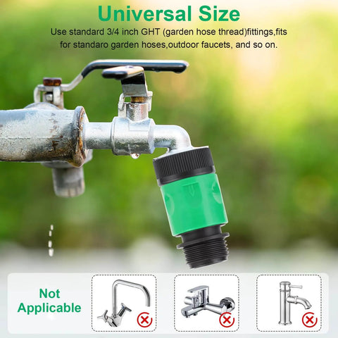 20 Piece Plastic Garden Hose Quick Connect Fittings Set With 12 Rubber Washers For Three Quarter Inch GHT Male And Female Connectors Durable Leak Free Snap On Quick Attach Hose System installed on outdoor faucet.