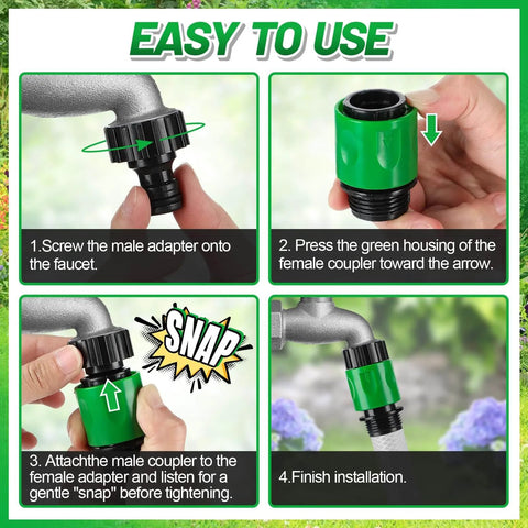 Installation steps for 15 Piece Plastic Garden Hose Quick Connectors Set with male and female fittings shown on garden hose.