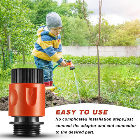 Boy in striped hoodie watering plants next to Sixteen Piece Garden Hose Quick Connectors Kit Three Quarter Inch Plastic Water Hose Fittings