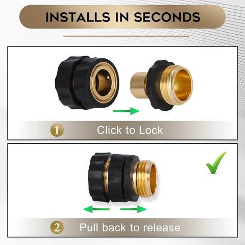 Garden Hose Quick Connectors Kit With Three Quarter Inch Male And Female Quick Release Fittings And Six Rubber Washers For Easy Swapping Between Hoses, Sprinklers, And Nozzles, Six Sets Included showing installation steps.