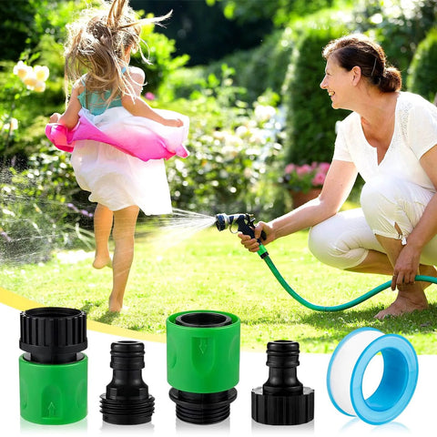 Woman using 15 Piece Plastic Garden Hose Quick Connectors Set With Male And Female Fittings Three Quarter Inch US Thread for garden watering