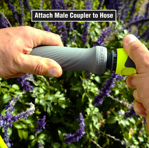Garden Hose Quick Connect Fittings Kit With Two Piece Coupler And Plug For Standard Three Quarter Inch Hose Threads ZillaGreen Compatible With Flow Stop Couplers And Water Hose Adapters Durable Quick Connect Set For Easy Watering being attached to garden hose.