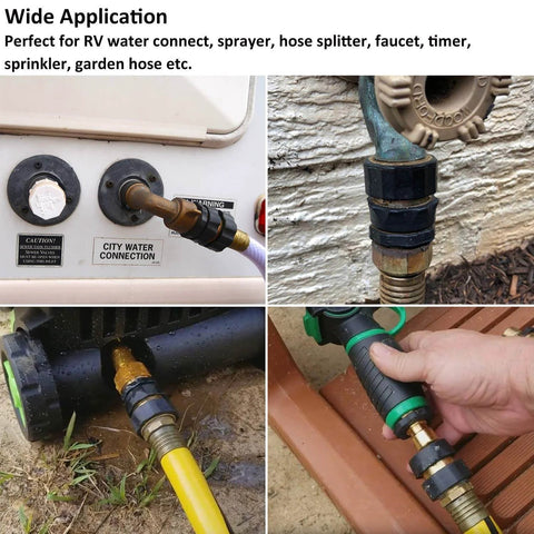 Garden Hose Quick Connect Fittings Set 3/4 Inch GHT Male And Female Metal Hose Connectors Quick Disconnect Adapter No Fuss Leak Free For Easy Attach And Detach Water Hoses 4 Pack connected to various tools and spigots outdoors.