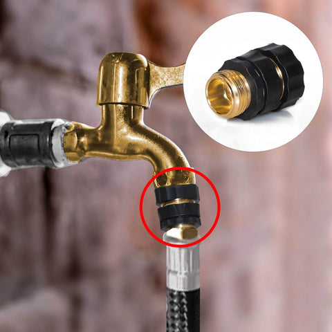 Twelve Piece Three Quarter Inch Garden Hose Quick Connectors Set With Six Male And Six Female Fittings And Six Rubber Washers Easy Connect Fits Standard Garden Hoses shown installed on faucet.