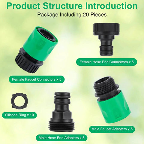20 Piece Plastic Garden Hose Quick Connect Fittings Set With 12 Rubber Washers For Three Quarter Inch GHT Male And Female Connectors Durable Leak Free Snap On Quick Attach Hose System, showing various connectors and washers.