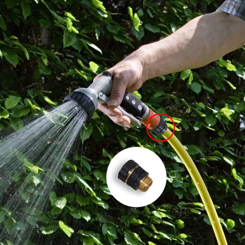 Twelve Piece Three Quarter Inch Garden Hose Quick Connectors Set With Six Male And Six Female Fittings And Six Rubber Washers Easy Connect Fits Standard Garden Hoses being used in a garden setting