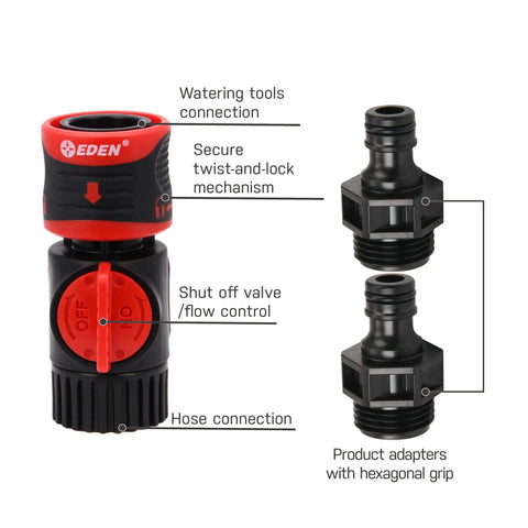 Garden Hose Quick Connect Kit With Water Stop And Flow Control 9 Piece Snap And Lock Fittings showing adapters and valve