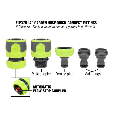 Garden Hose Quick Connect Fittings Kit With Flow-Stop Coupler And Plug - 5-Piece Quick-Connect Set For 3/4 Inch Garden Hoses Standard GHT