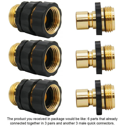 No-Fuss Three Quarter Inch Garden Hose Quick Connect Fittings Kit With Nine-Piece Universal Male And Female Quick Release Connectors displayed with five connectors