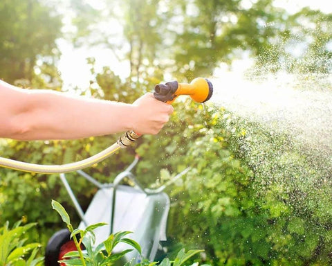 Person using a garden hose with brass quick connect kit spraying water on plants with a wheelbarrow in the background.