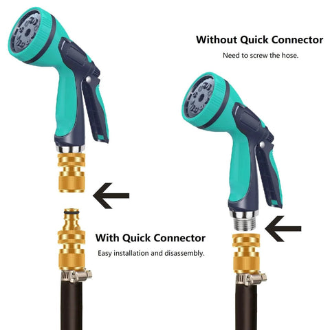 Comparison of garden hose with and without Garden Hose Quick Connector Set Three Quarters Inch GHT Brass No Leak Adapters.