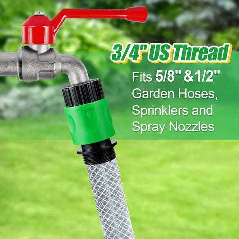 Green 15 Piece Plastic Garden Hose Quick Connectors Set with male and female fittings, three quarter inch US thread, attached to faucet.