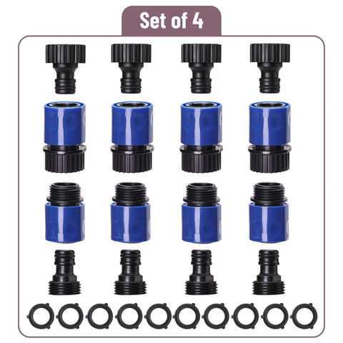 Garden Hose Quick Connectors Set With Four Male And Four Female Fittings And Four Faucet Adapters, 3/4 Inch, Fast Release Kit