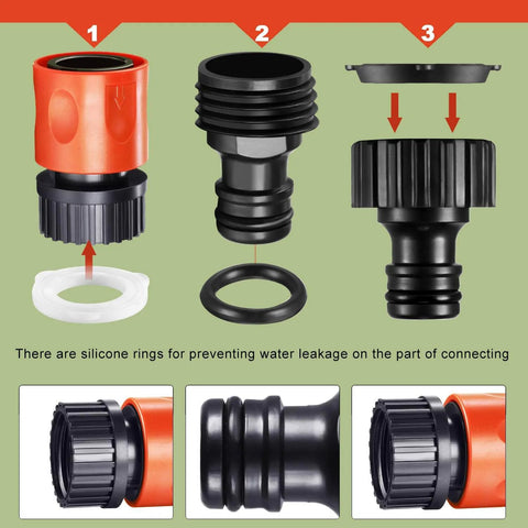 Sixteen Piece Garden Hose Quick Connectors Kit Three Quarter Inch Plastic Water Hose Fittings With Male And Female Connectors End Adapters And Ten Rubber Gaskets For Quick Leak Free Hose Setup components with gaskets