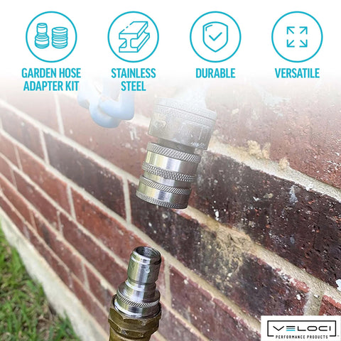 Three-Quarter-Inch Garden Hose Quick Connect Fittings Kit, Six-Piece Stainless Steel High-Pressure Couplings visible during use.