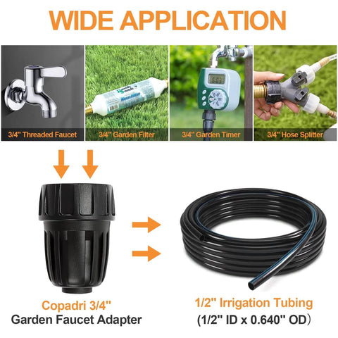 Six Pack Three Quarters Inch Female Pipe Thread To One Half Inch Drip Tubing Adapter For Garden Irrigation FHT To One Half Inch Barbed Drip Line Connector PVC Faucet Adapter Connects Three Quarters Inch Faucet Hose Bibb Easy Install with components shown and wide application examples