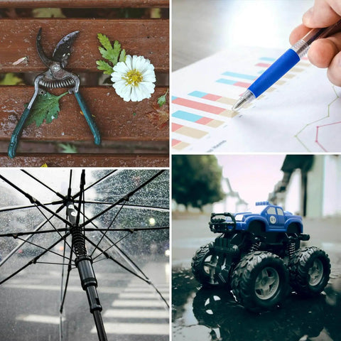 Collage of pruning shears on bench, hand with pen on chart, open umbrella on rainy street, toy truck on wet surface