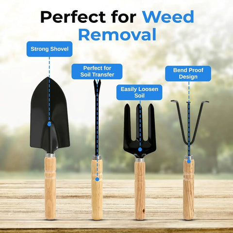 Heavy Duty Garden Tool Set With Stainless Steel Hand Tools including shovel, fork, and rake with wooden handles for weed removal.