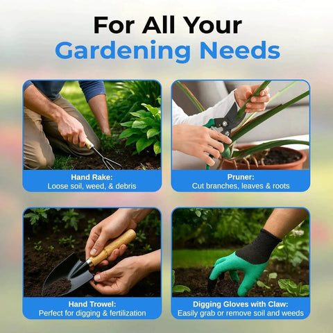 Various tools from Heavy Duty Garden Tool Set With Stainless Steel Hand Tools Non Slip Rubber Grip Wooden Handles Claw Gloves