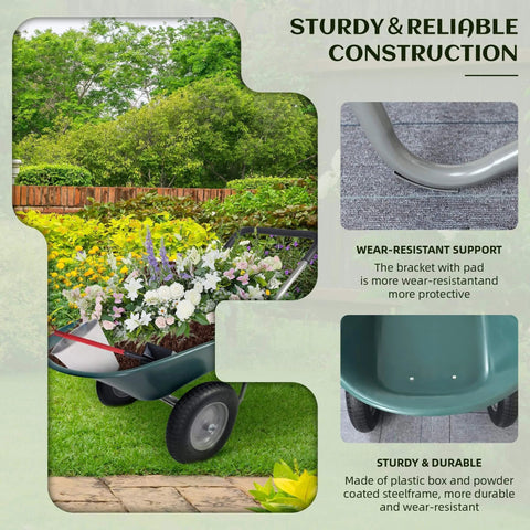 Heavy Duty Dual Wheel Garden Wheelbarrow Cart with Built In Stand in garden with plants, close-up of wheel and construction details