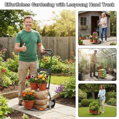 Person using Upgraded Folding Hand Truck Dolly Cart Heavy-Duty 375lb in garden with potted plants and soil bags