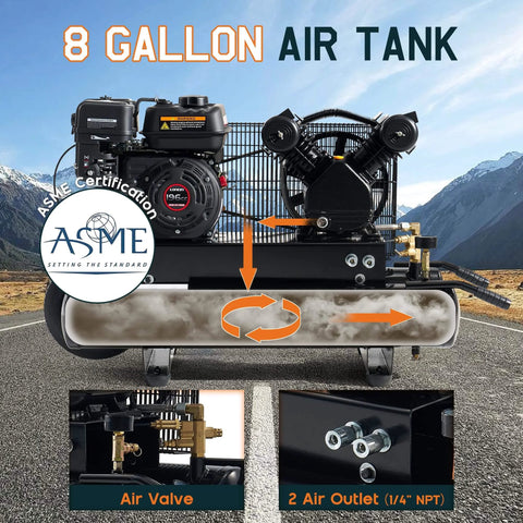 Albott 6.5HP Gas Powered Air Compressor, 8 Gallon Horizontal Tank with Wheels 10CFM@Max 115PSI, 196cc Loncin Engine