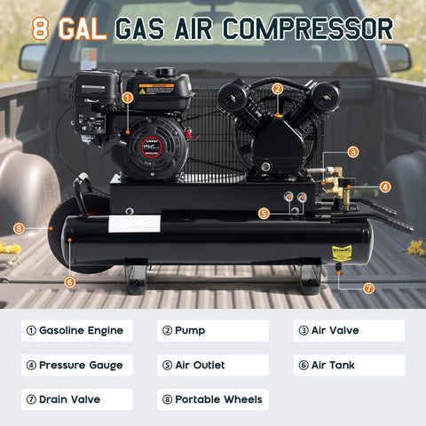 Albott 6.5HP Gas Powered Air Compressor with 8 Gallon Horizontal Tank, wheels and Loncin engine, showcased in truck bed